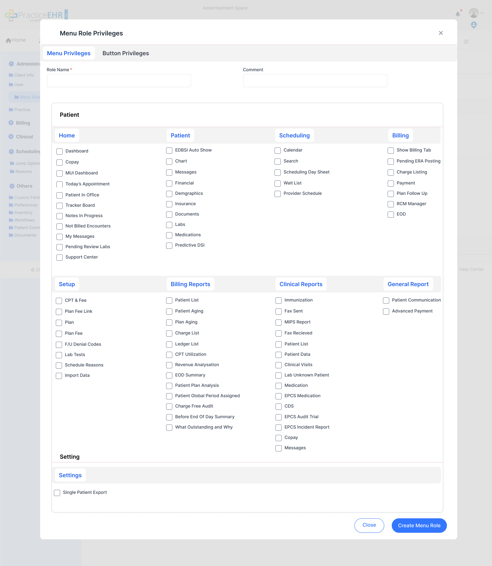Create Menu Role screen